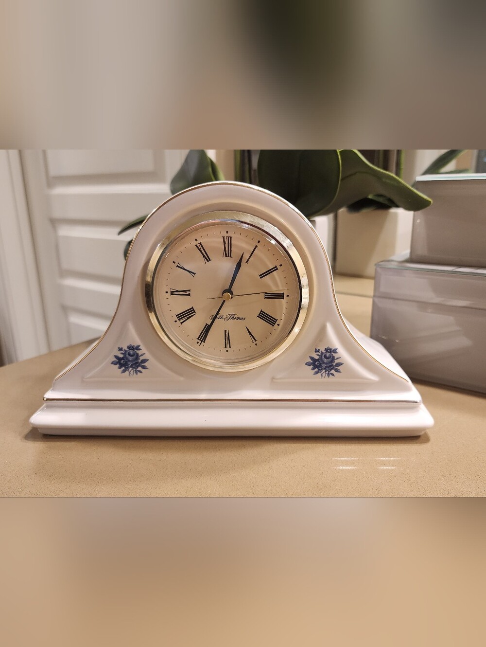 Elegant Cream Mantel Clock with Blue Floral Accents - Hornsea Pottery.